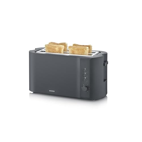 SEVERIN AT 2591 Langschlitz-Toaster für 4 Scheiben, 1.400 W, schwarz matt, mit Brötchenaufsatz und verschiedenen Aufwärmstufen
