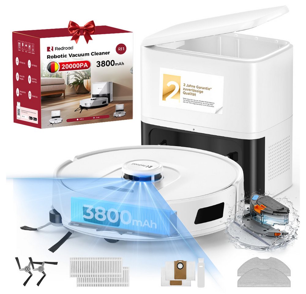 redroad Saugroboter 20000 Pa, 4-in-1 mit Wischfunktion, Absaugstation, HEPA-Filter, LiDAR Navigation, Wi-Fi 2,4/5 GHz, automatisches Aufladen, schwarz