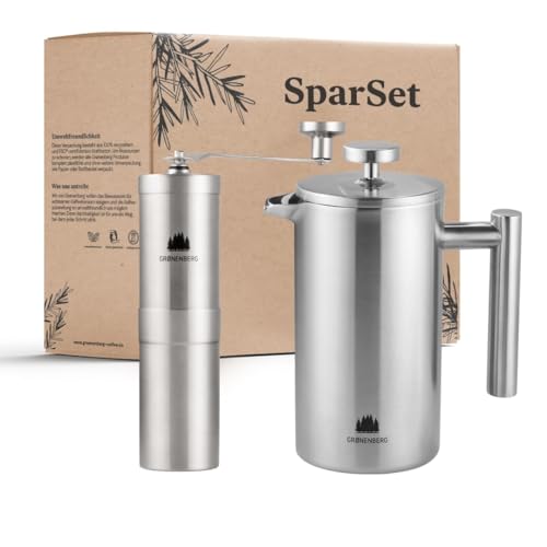 Groenenberg Spar Set 5 | French Press Thermo (3 Größen) + Edelstahl Kaffeemühle manuell | Handkaffeemühle | Kaffeepresse inkl. Ersatzfiltern (350 ml French Press)