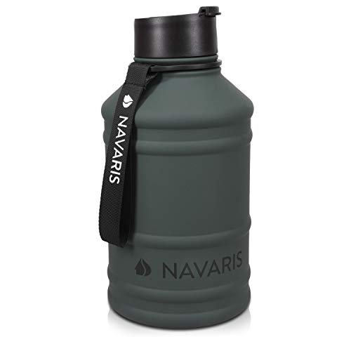 Navaris Trinkflasche 2,2l XXL Gym Bottle - robuste Edelstahl Sportflasche mit praktischer Schlaufe, grau