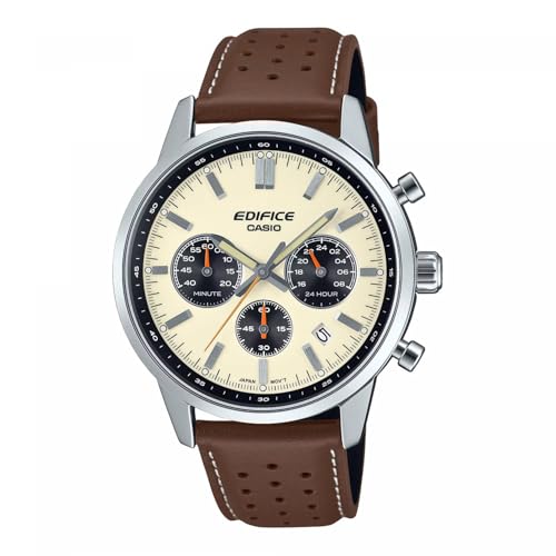 Casio Edifice Chronograph Herrenuhr mit Lederband EFR-575L-7AEF, silberfarbenes Gehäuse, braunes Lederband