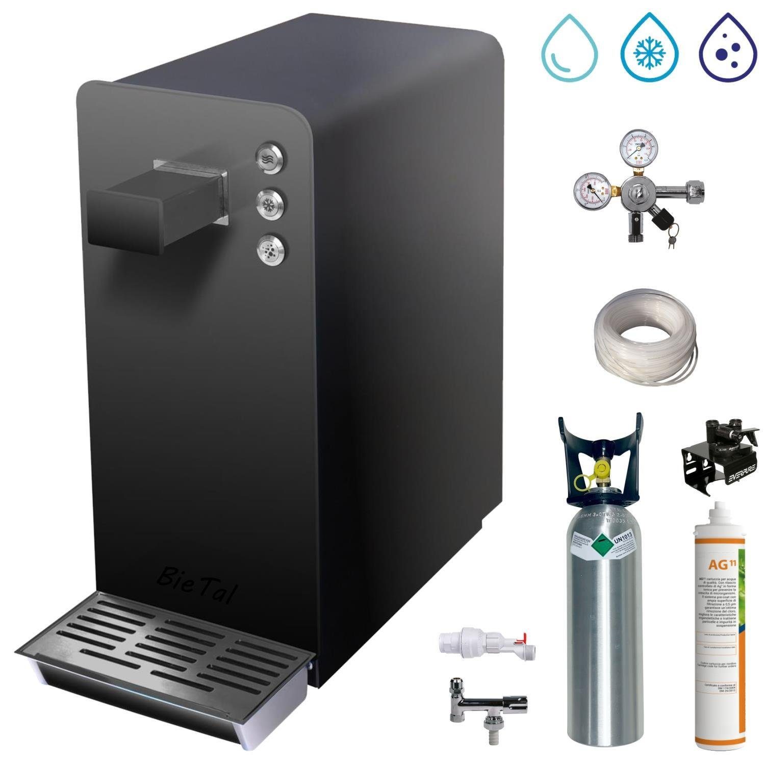 BieTal Wassersprudler BT-15 Set Tafelwasseranlage mit Kühlung, Sprudelwasseranlage Schwarz mit Filter
