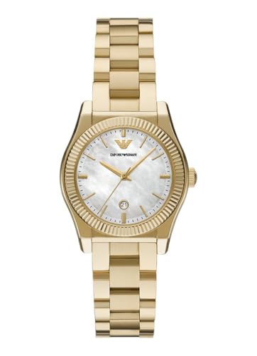 Emporio Armani Damenarmbanduhr, 32mm Edelstahlgehäuse mit goldfarbenem Armband und weißem Perlmuttzifferblatt, 3-Zeiger-Quarzwerk, wasserdicht bis 50m