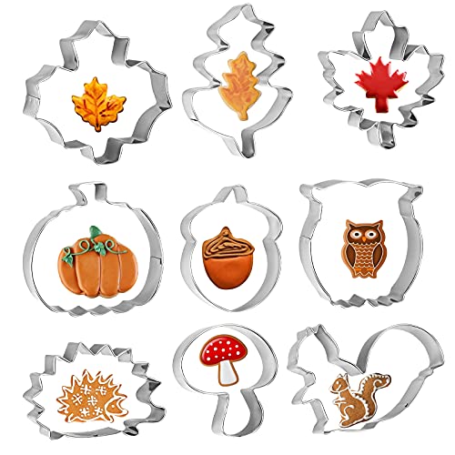 WEDNOK 9pcs Herbst Ausstechformen Erntedankfest Ausstecher Blätter Keksausstecher Edelstahl DIY Plätzchenausstecher mit Ahornblatt Eichenblatt Eichhörnchen Eichel Igel Kürbis für Keks Fondant Backen