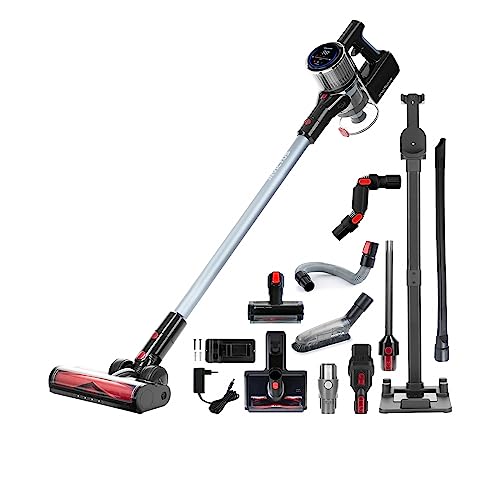 Genius Invictus X9 Facelift Staubsauger Kabellos 20-TLG., Akku Staubsauger bis zu 55 Min Teppich Tierharre Auto Hartböden, HEPA Filter, LED, Stielstaubsauger Touchscreen, Ladestation, Bürste Set