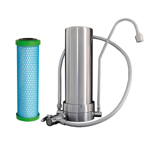 WatPass® INOX Auftisch Wasserfilter & EM Premium 5 Filterpatrone, massives Edelstahlgehäuse, hochwertiger Silikonschlauch
