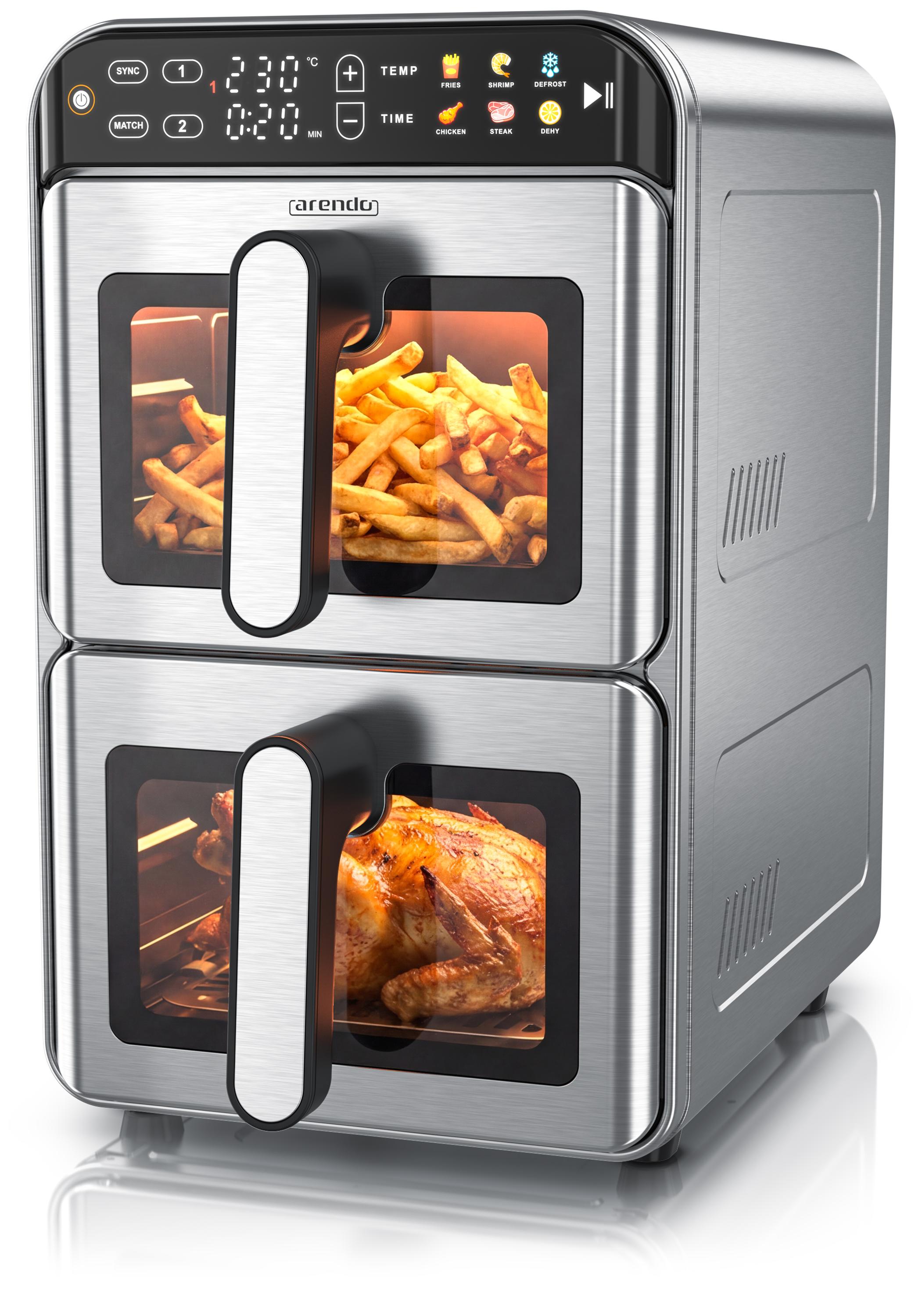 Arendo Heißluftfritteuse Doppelkammer XXL Dual Zone, 11L, 2200W, Edelstahl, fettarm und gesundes Kochen, inkl. Zubehör