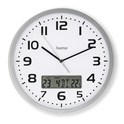 Hama Wanduhr Moorea (DCF Funkuhr, digitale Anzeige von Datum & Temperatur, Zeitzone einstellbar, Ø 30cm, 7 Sprachen, inkl. Batterie) Silber