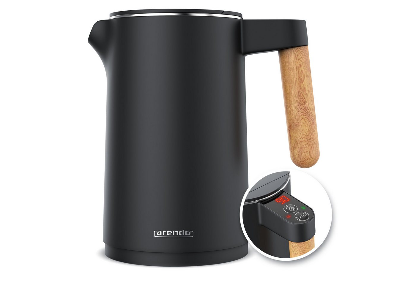 Arendo Wasserkocher WOOD STYLE, Edelstahl mit Temperatureinstellung 40°-100°C, 1,5 l, 2200 W, Warmhaltefunktion, Doppelwand, 360° Basis, BPA-frei, Holzoptik-Griff