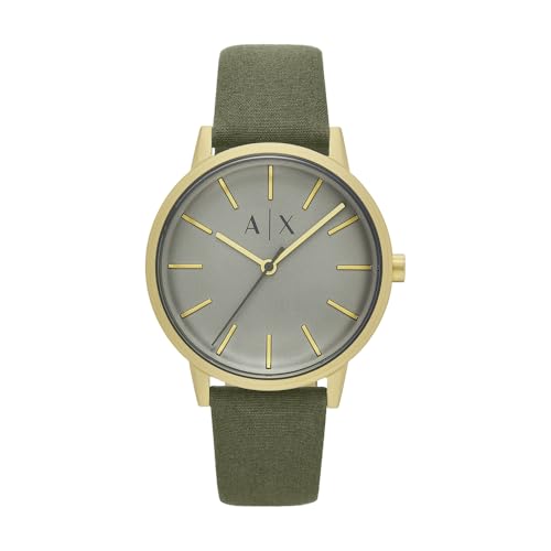 Armani Exchange AX2765, Herren 42MM Goldfarbene Edelstahluhr mit grünem Zifferblatt und Echtlederarmband, wasserdicht bis 50m