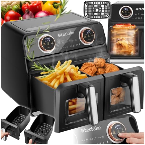 tectake® Heißluftfritteuse 2 Kammern, XXL Doppelkammer Airfryer, Dual Fritteuse mit Heißluft, 8 l Fassungsvolumen, inkl. Zubehör Rezeptheft