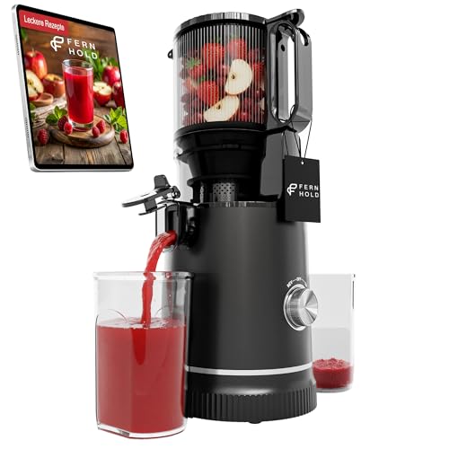 FERNHOLD Slow Juicer, Entsafter für Gemüse und Obst mit 130 mm XXL Einfüllschacht, 1,8 L Saftbehälter, 3-fach Edelstahl-Filter, 250 W, leise, einfache Reinigung