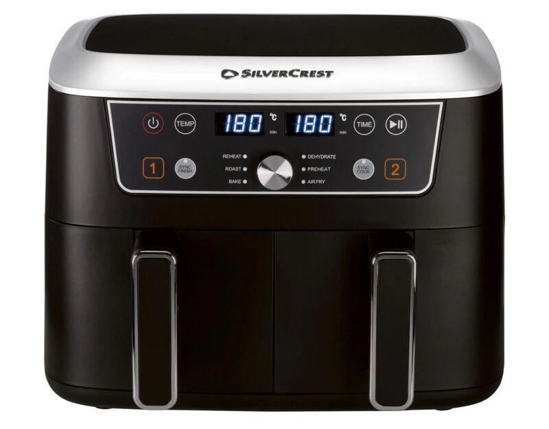 Silvercrest SHLFD 2600 B2, Doppelzonen-Heißluftfritteuse mit 2 unabhängigen Garzonen, 6 Programmen und 8,7 l Gesamtvolumen