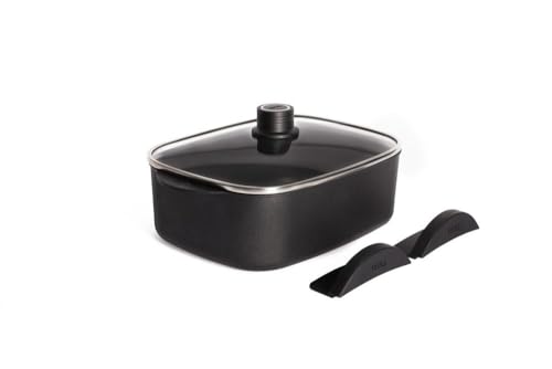 Woll Eco Logic QXR Bräter inklusive Glasdeckel, mit 2 eingegossenen Hebegriffen - Induktiv -, 29 cm x 22 cm, 10 cm hoch, 5.1 Liter - PFAS-frei, Antihaft-Versiegelung, Alum, Silikongriff, schwarz
