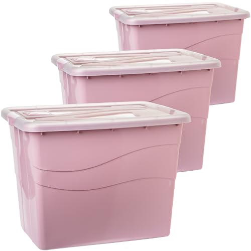 2friends Aufbewahrungsbox mit Deckel Groß XXL, 3er Set, 80 L, stapelbar, mit Rollen und Clip-Griffen, Farbe Rosa