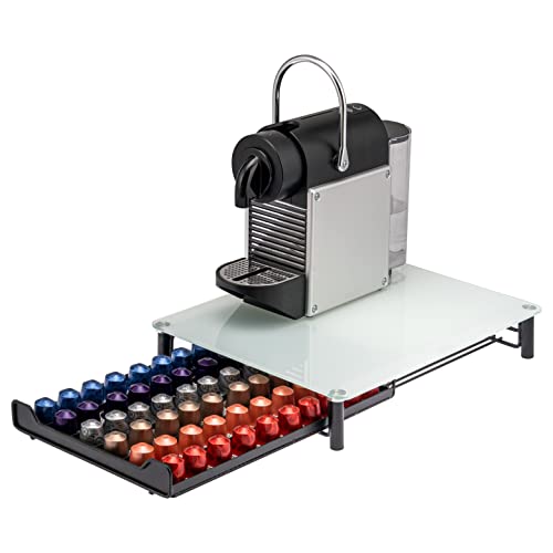 bremermann Kaffeekapsel-Box für 60x Nespresso, Schubladenbox aus Metall mit Glasplatte, Kapselhalter und Kapselspender, ca. 31 x 7 x 40,5 cm (Weiß)