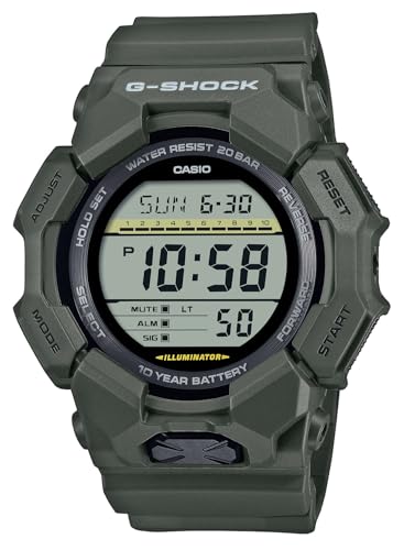 Casio G-Shock Classic Digital-Herrenuhr Khakigrün GD-010-3ER, Kunststoffarmband in grün, silbernes Zifferblatt