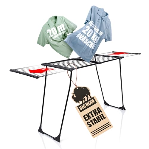 BigDean XXL Wäscheständer ausziehbar, 20m Trockenfläche, robust mit Klemmen für kleine Wäschestücke, schwarz