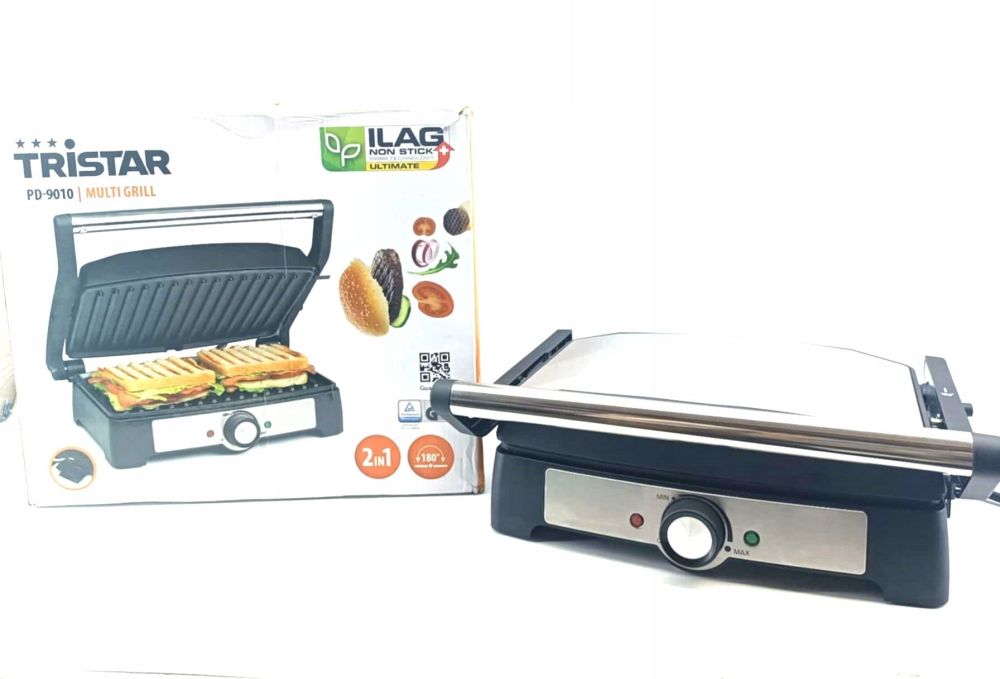 Tristar PD-9010 Kontaktgrill mit ILAG Antihaftbeschichtung, beweglichem Deckel und Grillplatten für Sandwiches, Panini, Fleisch und Fisch