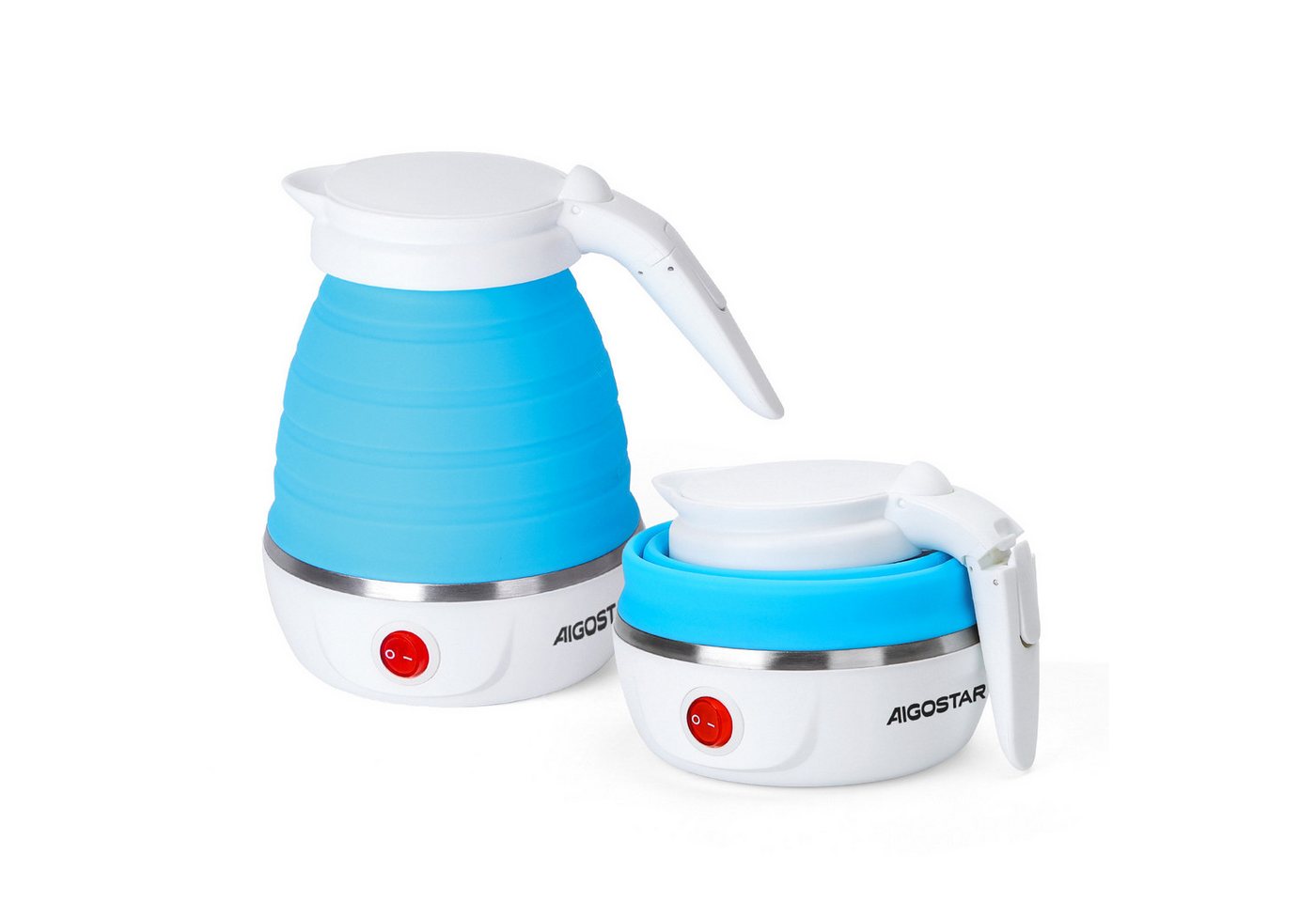 Aigostar Reise-Wasserkocher Mini Faltbarer Wasserkocher Klein, Tragbarer Reisewasserkocher, 1000W, Faltbar, Automatische Erhitzung, Doppelte Schutzfunktion, BPA-freies Silikon, Edelstahl 304