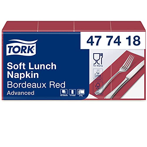 Tork 477418 Soft Lunchservietten Bordeauxrot 1/8 Falz / 3-lagige, vorgefaltete Servietten für kleine Gerichte und Snacks / Advanced Qualität / 10 x 150 (1500) Papierservietten / 32,6 x 33 cm (B x L)