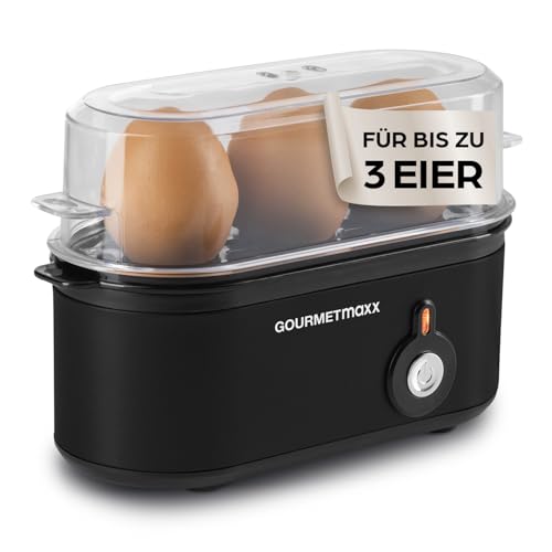 GOURMETmaxx Eierkocher für 3 Eier, kompakt mit Eierstecher und 3 Härtegraden, Schwarz – spülmaschinenfeste Teile
