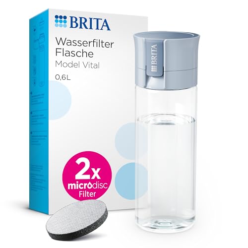 BRITA Wasserfilter Flasche Model Vital hellblau (600ml) inkl 2 MicroDisc Filter - Praktische Trinkflasche mit Wasserfilter für unterwegs, filtert Chlor & Bakterien beim Trinken-spülmaschinengeeignet