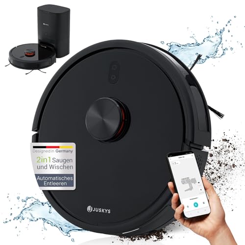 Juskys Saugroboter EcoTrek M300 mit Absaugstation und Wischfunktion - Laser LDS-Navigation, App-Steuerung - Tierhaare, Teppiche