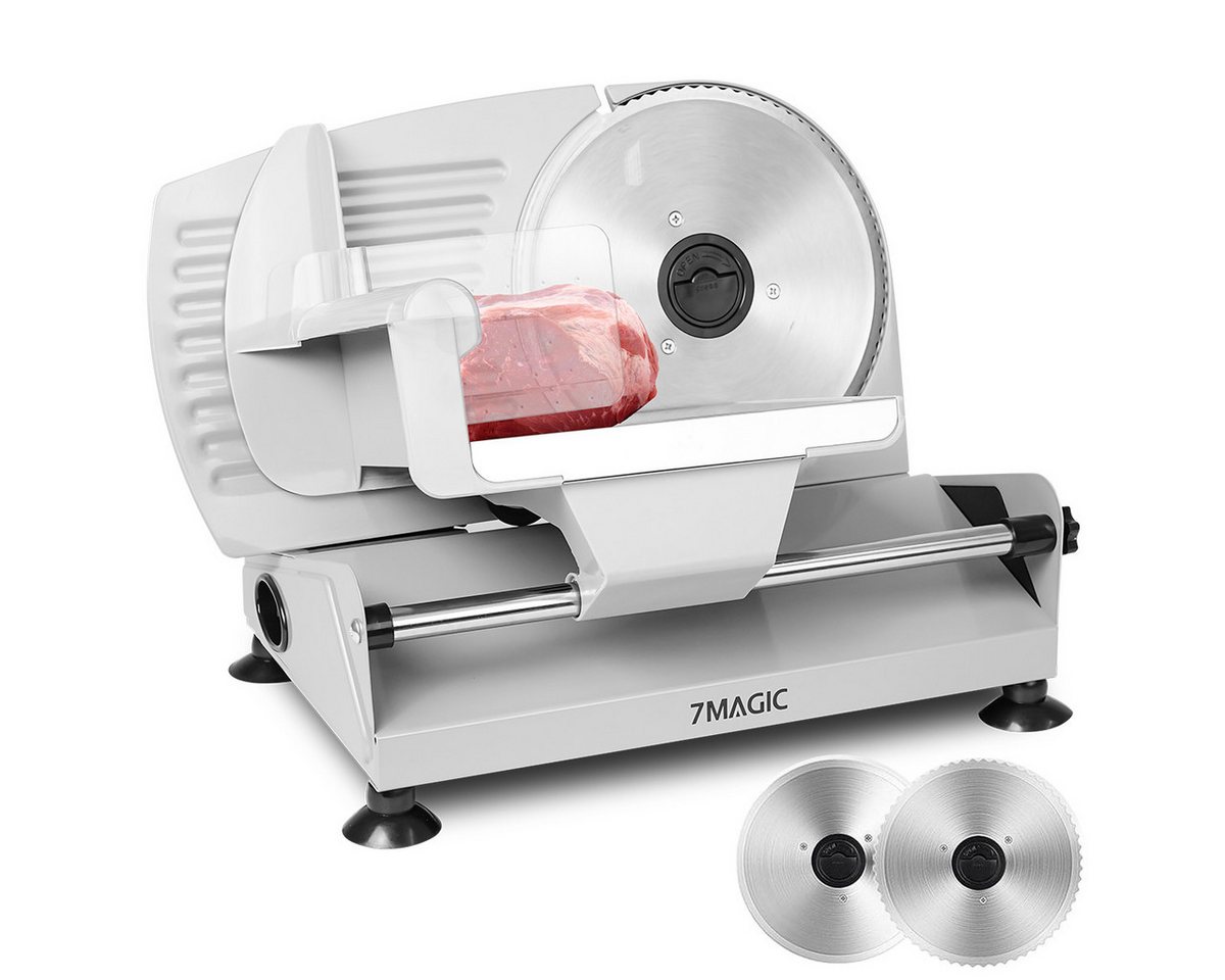 7MAGIC Elektrischer Allesschneider, Edelstahl Brotschneidemaschine mit 200 W, verstellbare Schnittstärke 0-15 mm, 2 Klingen, rutschfeste Saugfüße, silber