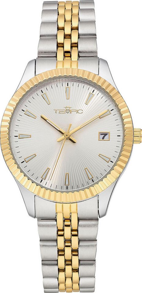 Tempic Quarzuhr Damen, analoge Armbanduhr mit silberfarbenem Edelstahlarmband und Tag-Anzeige, 34 mm Gehäuse in silber-goldfarben