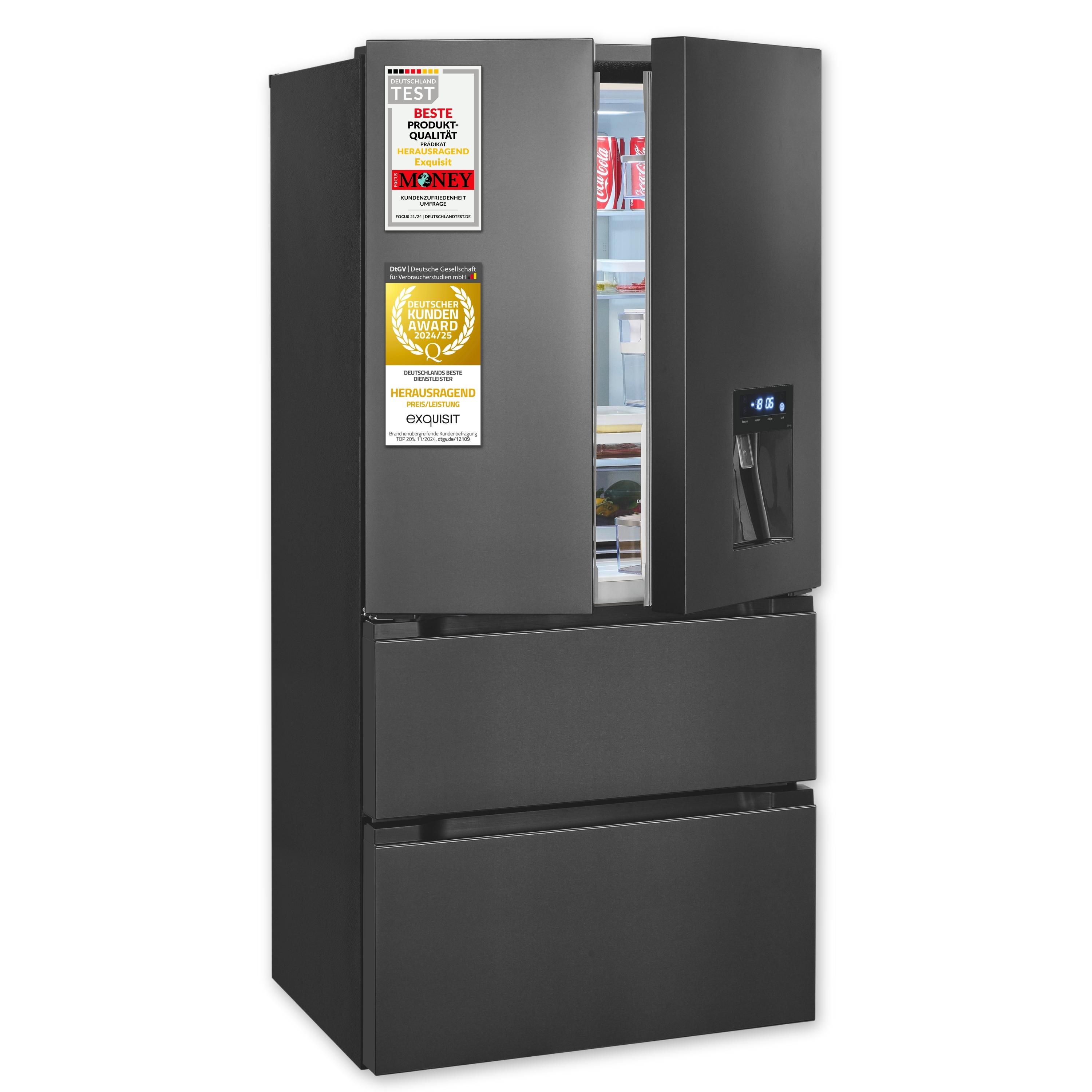 Exquisit FD5490-160-WS-202E, Frenchdoor-Kühlschrank 506 L mit No-Frost, Wasserspender und inoxlook