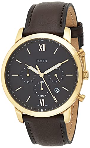 Fossil Herrenuhr Neutra Chrono, Chronographenwerk, 44mm Goldfarbenes Edelstahlgehäuse mit Lederarmband, FS5763