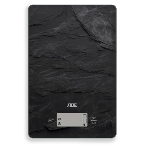 ADE Digitale Küchenwaage | präzise Grammwaage bis 5 kg | großes Display | inkl. AAA Batterien | sehr flach | mit Aufhängeöse | gut lesbare große Ziffern | schiefer