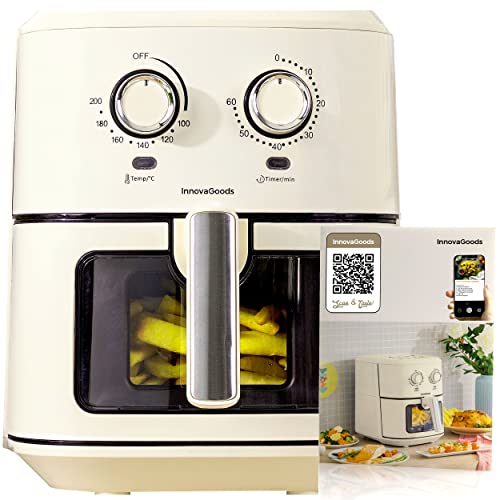 InnovaGoods® Heißluftfriteuse Vintage 6,5L, airfryer 1700W mit +100 Rezepten in DE mit Fenster, Antihaft-Korb, Timer und 360° Luftstrom, Farbe Creme.