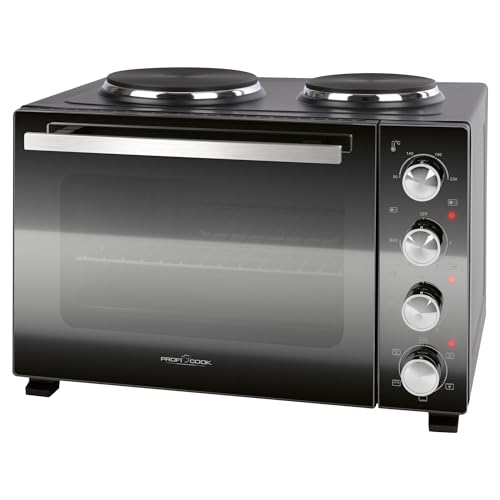 ProfiCook PC KK 1302, Minibackofen 32L mit Kochplatten und Drehspieß, Umluft, Oberhitze, Unterhitze, stufenlos regelbar, umfangreiches Zubehör