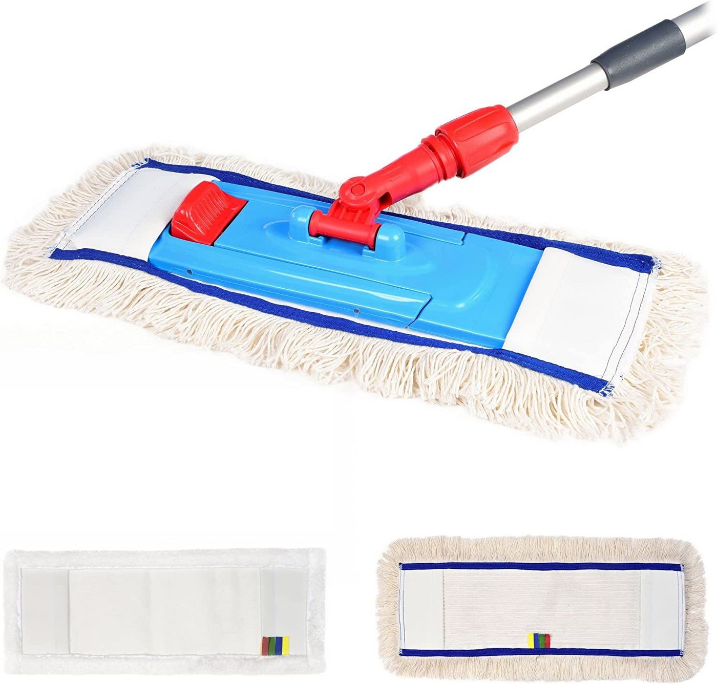 Hypafol Wischmopp SET, Bodenwischer mit 40-50cm Magnethalterung, 3 Wischmöppe (2 Baumwolle, 1 Mikrofaser), ergonomischer Alu-Stiel für rückenschonende Reinigung