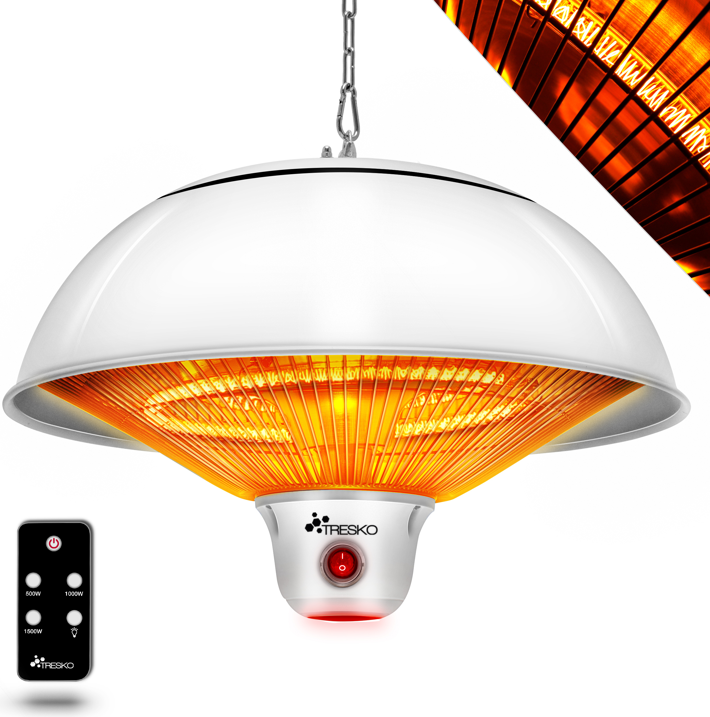 TRESKO Infrarot Deckenheizstrahler Heizstrahler weiß 1500W mit Fernbedienung & LED-Beleuchtung | Wärmestrahler elektrisch mit 3 Heizstufen | Terrassenstrahler Innen & Außen | Infrarotstrahler Decke Terrasse Typ 2