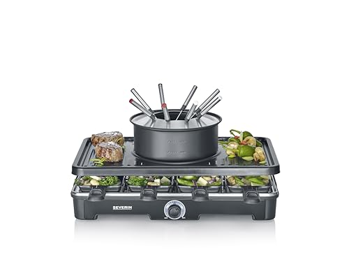 SEVERIN Raclette-Fondue-Kombination RG2347, 2-in-1 Raclette Grill & Fondue-Set für 8 Personen, Antihaftbeschichtung, spülmaschinengeeignet