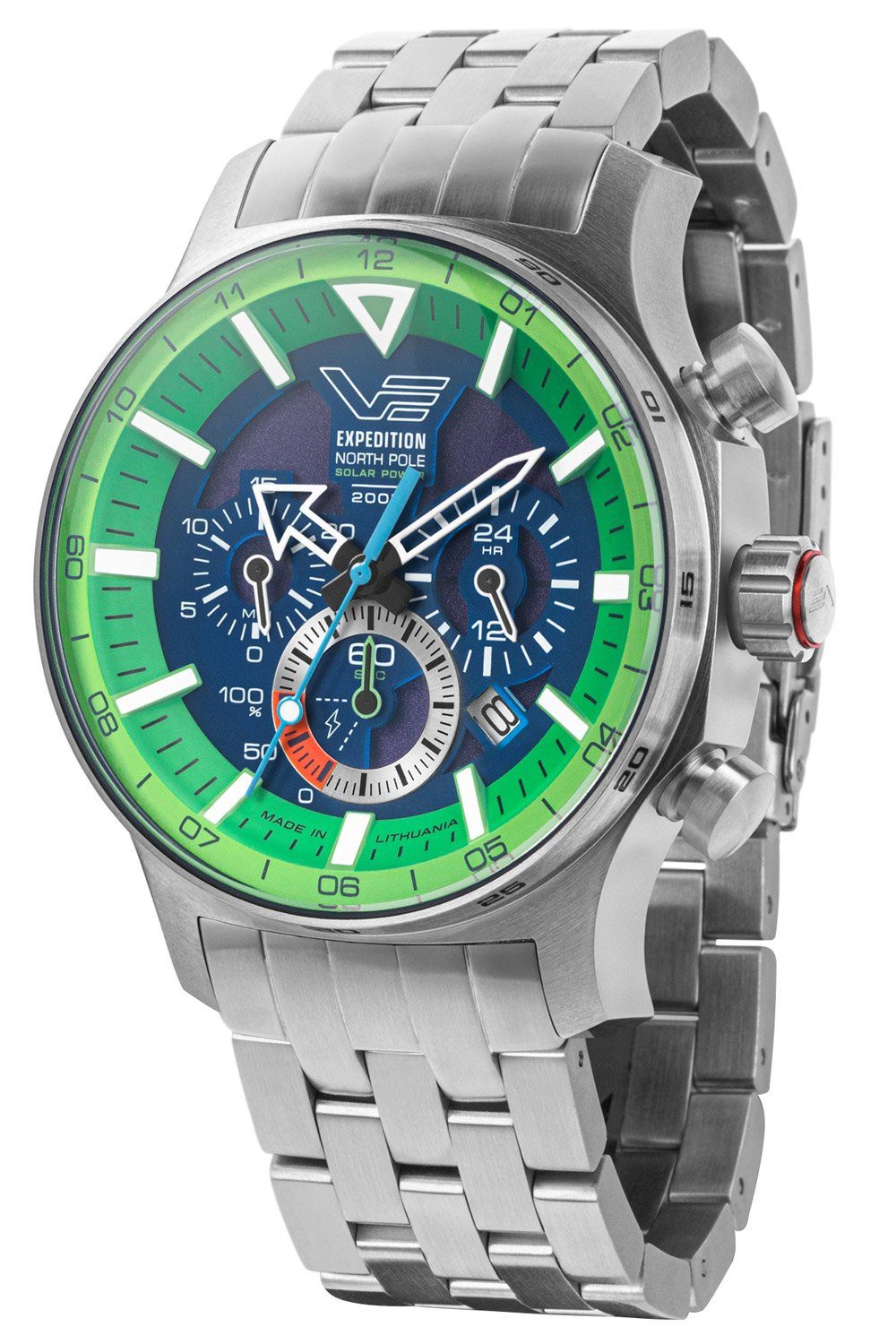 Vostok Europe Chronograph Expedition North Pole Polar Spruce Armbanduhr, Solarbetriebenes japanisches Quarzwerk VR42, Dunkelgangreserve bis zu 4 Monate, 30 Minuten Stoppfunktion, Super-LumiNova, 20 bar wasserdicht, 47mm, Edelstahl, dunkelblaues Zifferblatt mit grünen Details