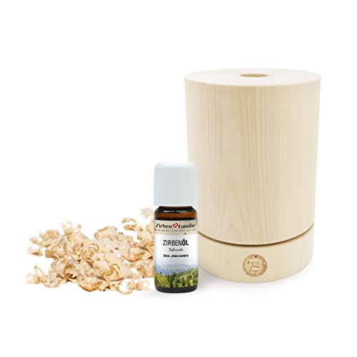 Zirben Familie ORIGINAL ZirbenPumperl, Natürlicher Aroma Diffuser Set mit ZirbenFlocken und 10ml ZirbenÖl, designgeschützt, 102 mm hoch, für intensiven Zirbenduft aus Tirol