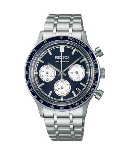 Seiko Herren-Sport-Chronograph SSB477P1, 38 mm, Quarz, tiefblaues Zifferblatt, Edelstahl, Wasserdicht bis 50 m, Chronograph mit 1/5-Sekunden-Stoppuhr