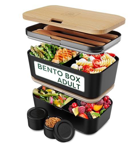 UMAMI Lunchbox Bento für Erwachsene, Auslaufsichere Brotdose mit Besteck und 2 Saucenbehältern, ideal für Meal Prep mit Fächern für Salat und Snacks