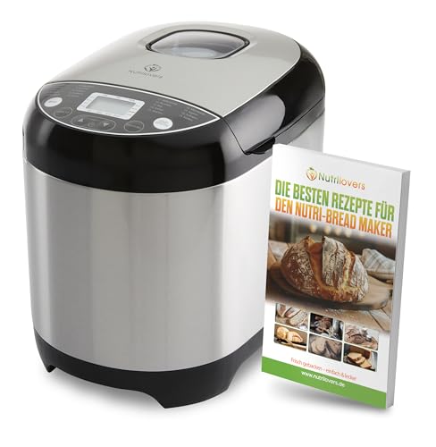 Nutrilovers NUTRI-BREAD-MAKER Edelstahl Brotbackautomat mit 19 Programmen, 3 Bräunungsstufen, 3 Brotgrößen (500g, 750g, 1000g), Timer und Rezeptbuch