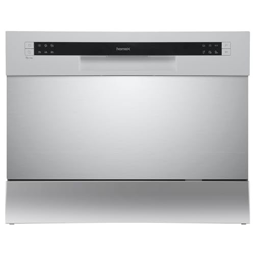 homeX GST6AE-S Tischgeschirrspüler, Mini Geschirrspüler mit 6 Programmen, freistehend für 6 Maßgedecke, Silber, leise mit 49 dB