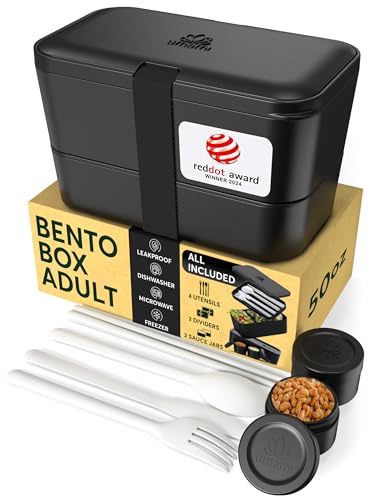 UMAMI Lunchbox Bento für Erwachsene, auslaufsichere Brotdose mit Fächern, inkludiert Besteck und 2 Saucenbehälter, ideal für Meal Prep