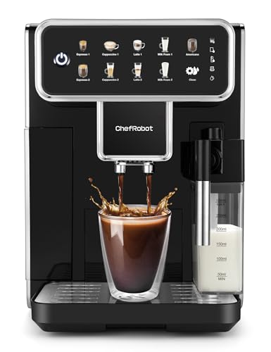 ChefRobot Kaffeevollautomat CR-5000, Touchscreen Espressomaschine mit Milchaufschäumer, 4-stufigem Mahlgrad, 1,5L Wassertank & Selbstreinigung
