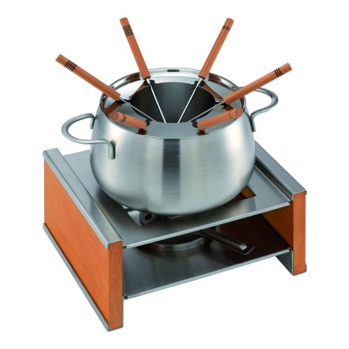 KUHN RIKON 32192 Fondue Fleischfondue Set Wood Holz mit Spritzschutz und Platz für 6 Gabeln - bestehend aus Fonduetopf, Rechaud, Gabeln