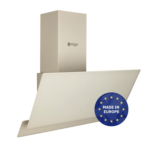 Wiggo Dunstabzugshaube 50cm kopffrei I Abluft Umluft Dunstabzug 300m³/h - LED Touch-Display 3 Stufen I Schräghaube inkl. Fettfilter & 2x Kohlefilter I Abzugshaube mit 2 teiliger Glasfront creme