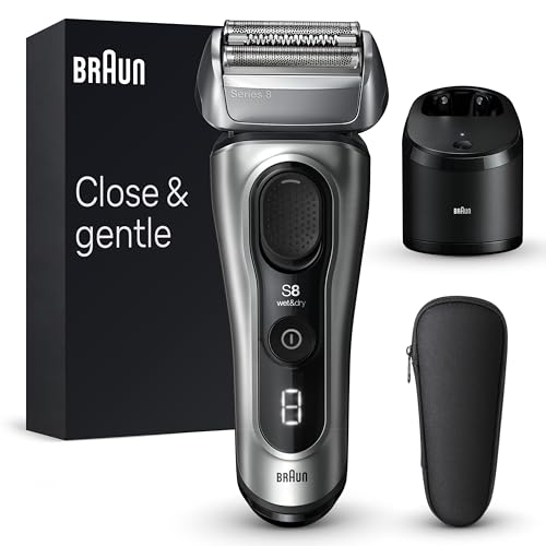 Braun Series 8 Rasierer Herren mit 4+1 Scherkopf, Elektrorasierer, Präzisions-Langhaarschneider, Reinigungsstation, 60 Min Laufzeit, Wet & Dry, Geschenk Mann, Made in Germany 8567cc, silber