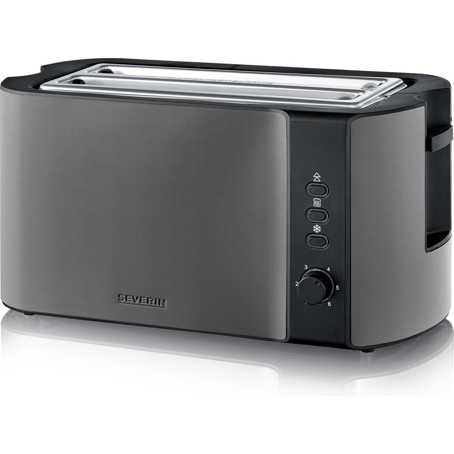 Severin AT 9341 Langschlitz-Toaster, 4-Scheiben Toaster mit 1400 Watt, Schwarz und Edelstahl, Auftaufunktion und Brötchenaufsatz